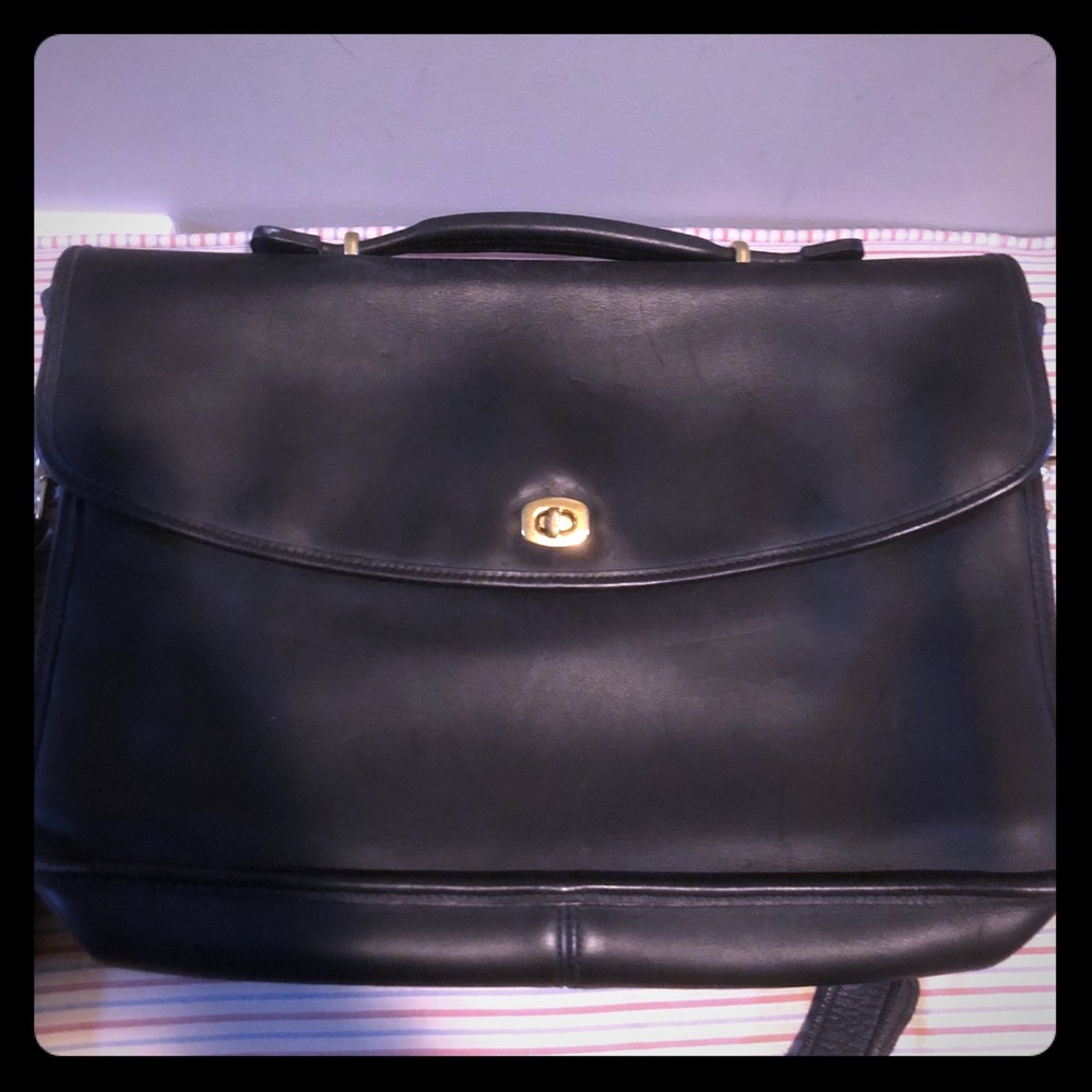 Coach Black Leather Laptop Briefcase with Gold Turn-Lock